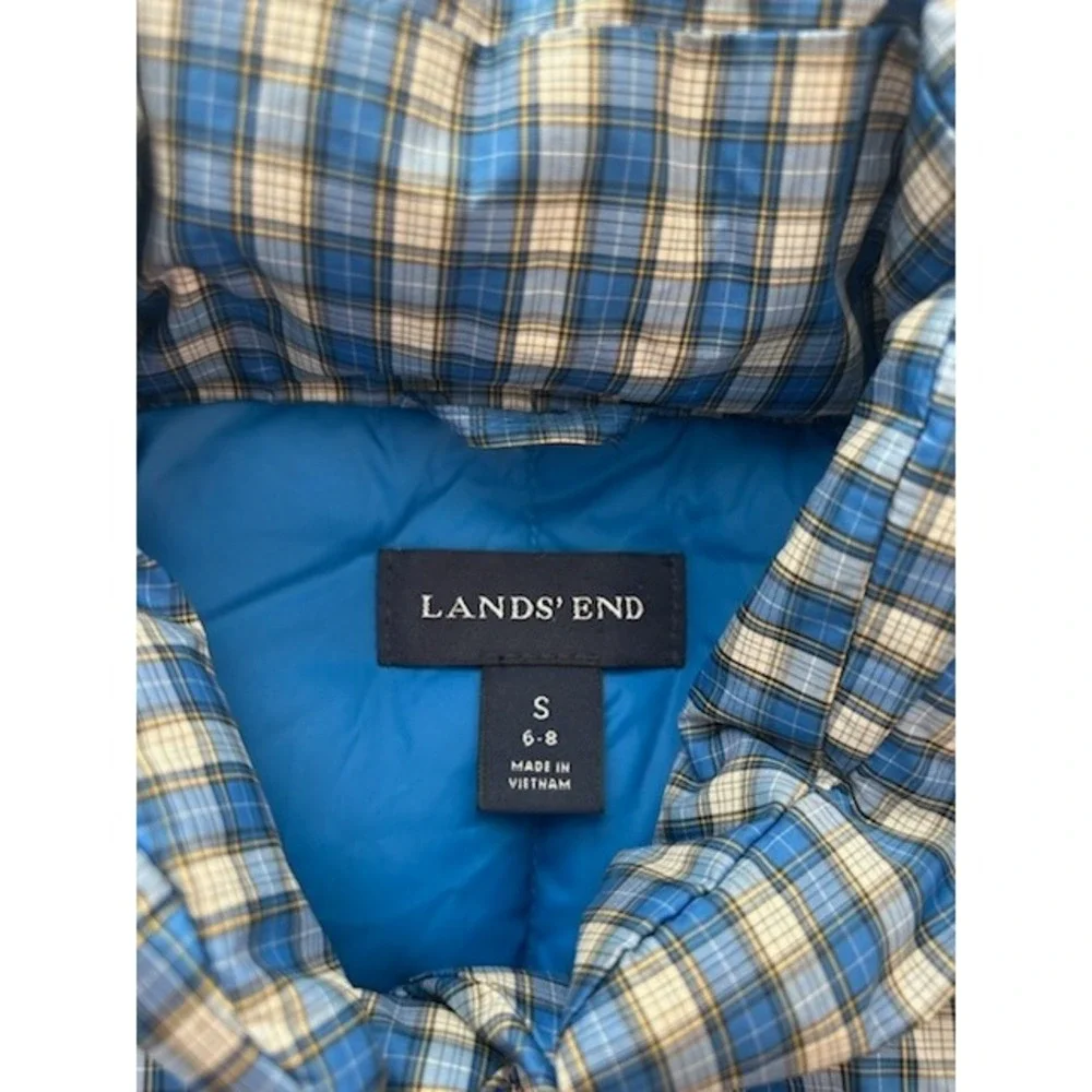 Lands' End Blue‎ Plaid Check Down Puffer Vest Button Women's Size Small